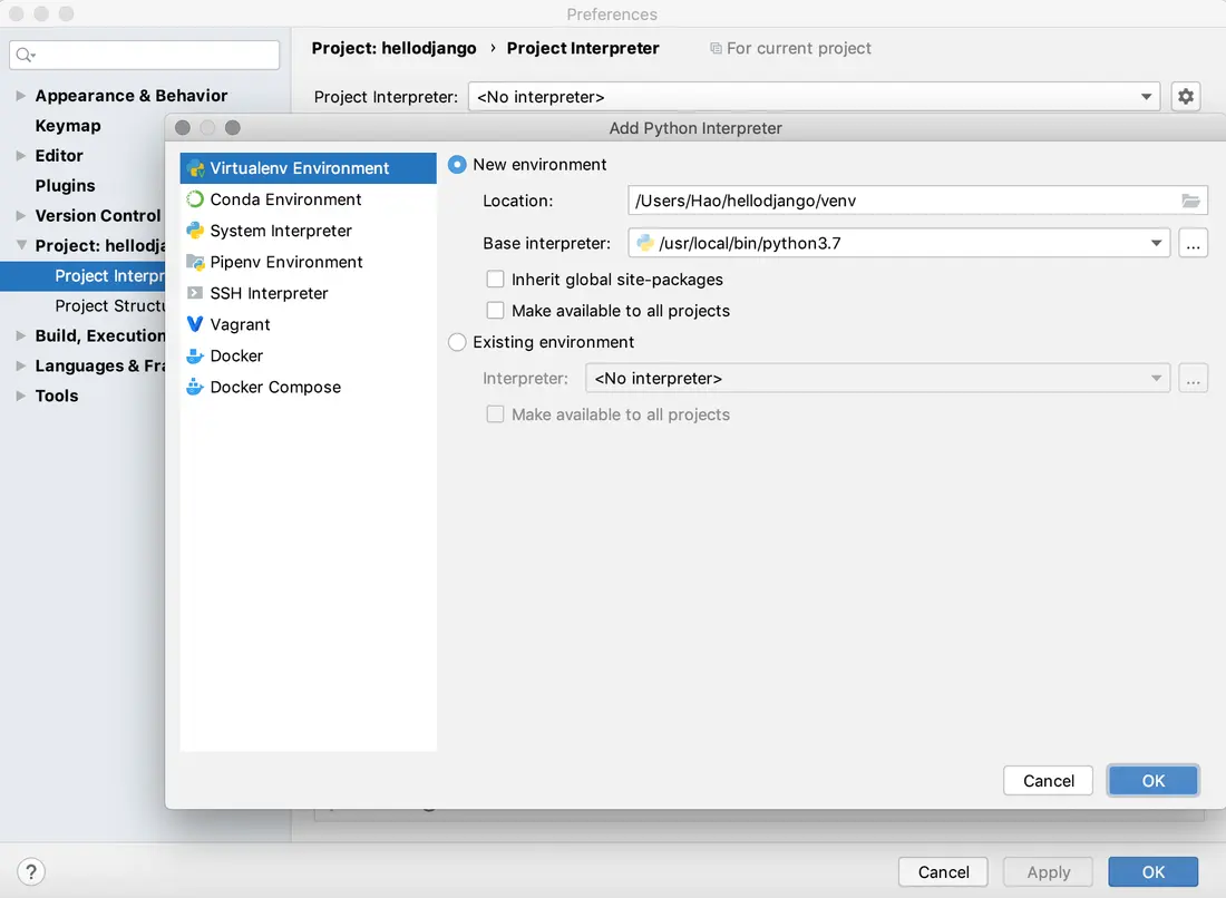 pycharm-django-virtual-environment